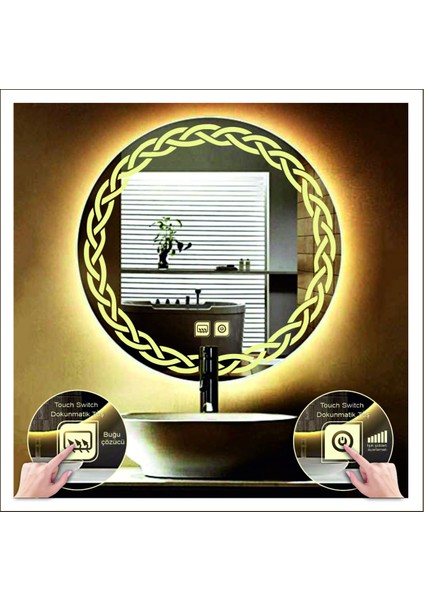 70 cm Beyaz Ledli Tasarım Kumlamalı Dokunmatik Tuşlu Buğu Önleyicili Banyo Aynası Makyaj Aynası modelleri