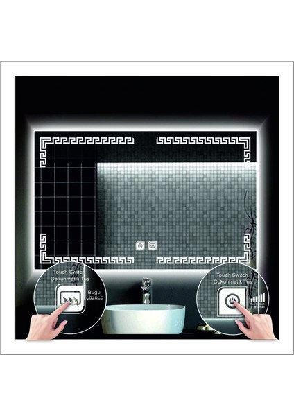 70X100 cm Günışığı Ledli Tasarım Kumlamalı Dokunmatik Tuşlu Buğu Önleyicili Banyo Aynası fırsatları