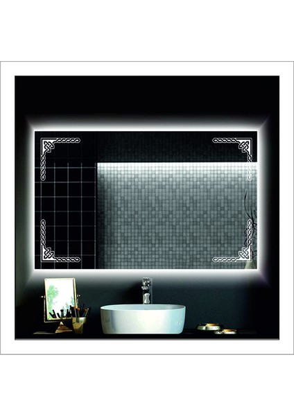 80X120 cm Beyaz Ledli Tasarım Kumlamalı Banyo Aynası Makyaj Aynası Işıklı Ayna