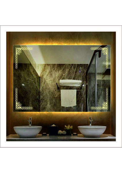 80X120 cm Beyaz Ledli Tasarım Kumlamalı Banyo Aynası Makyaj Aynası Işıklı Ayna