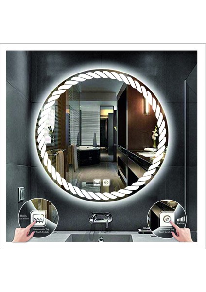 90 cm Günışığı Ledli Tasarım Kumlamalı Dokunmatik Tuşlu Buğu Önleyicili Banyo Aynası Makyaj Aynası