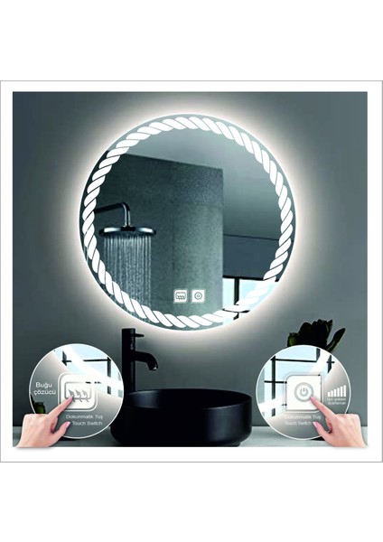 90 cm Günışığı Ledli Tasarım Kumlamalı Dokunmatik Tuşlu Buğu Önleyicili Banyo Aynası Makyaj Aynası
