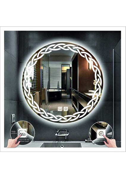 90 cm Beyaz Ledli Tasarım Kumlamalı Dokunmatik Tuşlu Buğu Önleyicili Banyo Aynası Makyaj Aynası