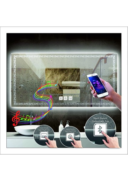 75X105 cm Günışığı Ledli Tasarım Kumlamalı Dokunmatik Bluetoothlu Buğu Önleyicili Banyo Aynası