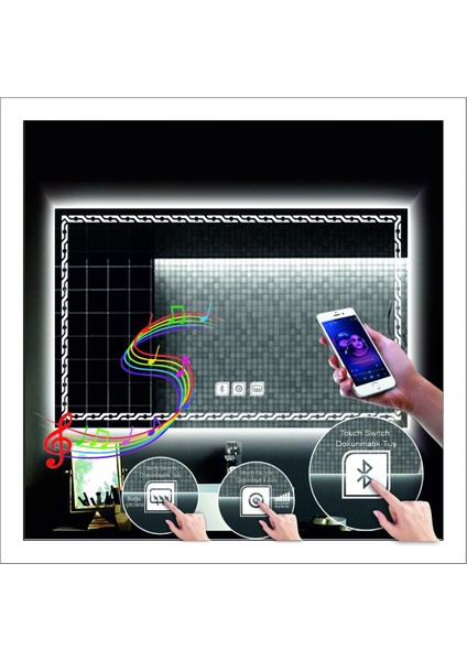 75X105 cm Günışığı Ledli Tasarım Kumlamalı Dokunmatik Bluetoothlu Buğu Önleyicili Banyo Aynası