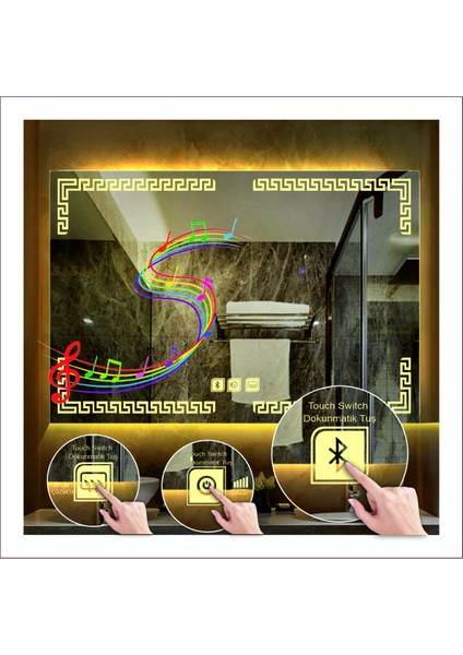 50X70 cm Günışığı Ledli Tasarım Kumlamalı Dokunmatik Bluetoothlu Buğu Önleyicili Makyaj Banyo Aynası