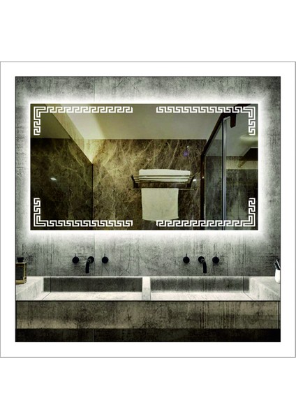 50X70 cm Beyaz Ledli Tasarım Kumlamalı Banyo Aynası Makyaj Aynası Işıklı Ayna