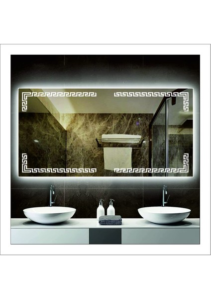 50X70 cm Beyaz Ledli Tasarım Kumlamalı Banyo Aynası Makyaj Aynası Işıklı Ayna