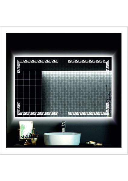 50X70 cm Beyaz Ledli Tasarım Kumlamalı Banyo Aynası Makyaj Aynası Işıklı Ayna