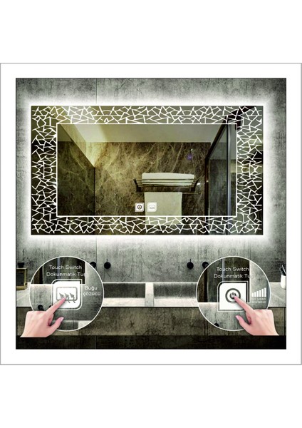 50X70 cm Beyaz Ledli Tasarım Kumlamalı Dokunmatik Tuşlu Buğu Önleyicili Banyo Aynası Makyaj Aynası