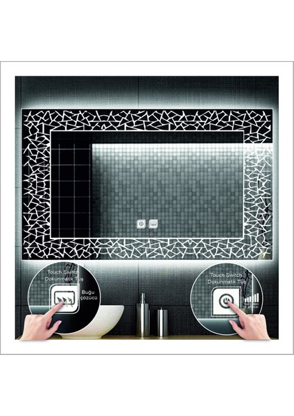 50X70 cm Beyaz Ledli Tasarım Kumlamalı Dokunmatik Tuşlu Buğu Önleyicili Banyo Aynası Makyaj Aynası