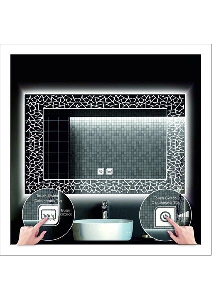 50X70 cm Beyaz Ledli Tasarım Kumlamalı Dokunmatik Tuşlu Buğu Önleyicili Banyo Aynası Makyaj Aynası