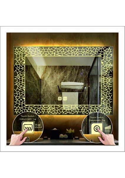 50X70 cm Beyaz Ledli Tasarım Kumlamalı Dokunmatik Tuşlu Buğu Önleyicili Banyo Aynası Makyaj Aynası