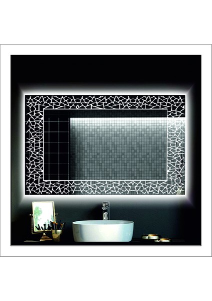 80X120 cm Beyaz Ledli Tasarım Kumlamalı Banyo Aynası Makyaj Aynası Işıklı Ayna modelleri