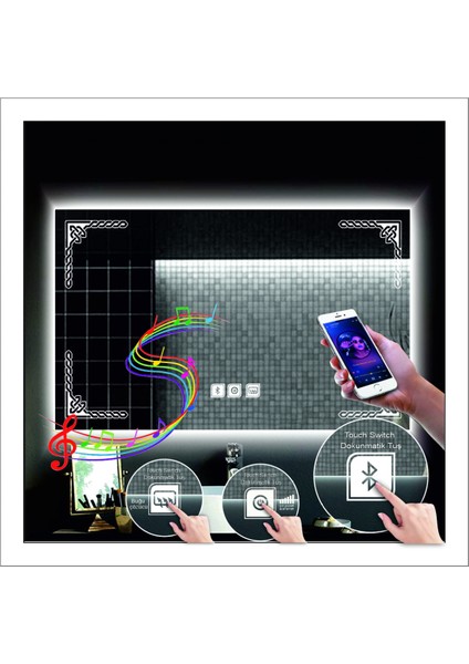 65X90 cm Beyaz Ledli Tasarım Kumlamalı Dokunmatik Bluetoothlu Buğu Önleyicili Makyaj Banyo Aynası