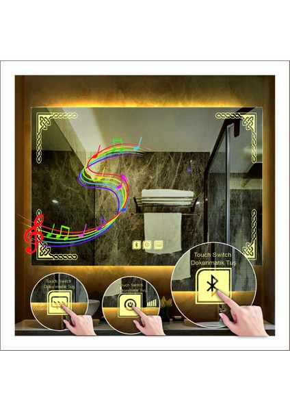 65X90 cm Beyaz Ledli Tasarım Kumlamalı Dokunmatik Bluetoothlu Buğu Önleyicili Makyaj Banyo Aynası