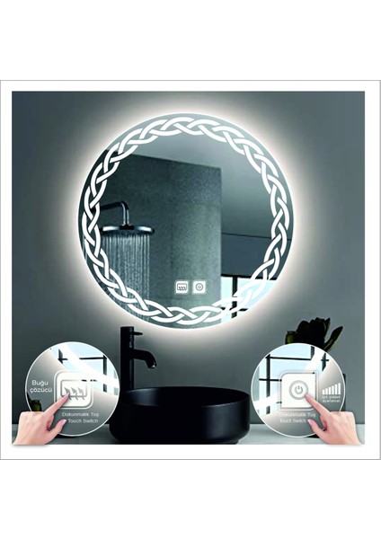 70 cm Günışığı Ledli Tasarım Kumlamalı Dokunmatik Tuşlu Buğu Önleyicili Banyo Aynası Makyaj Aynası