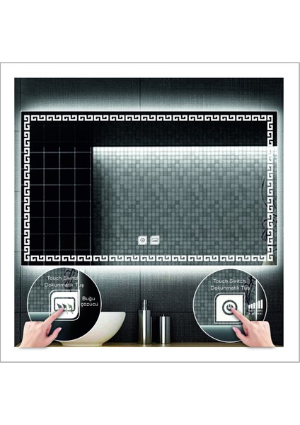 65X90 cm Beyaz Ledli Tasarım Kumlamalı Dokunmatik Tuşlu Buğu Önleyicili Banyo Aynası Makyaj Aynası modelleri