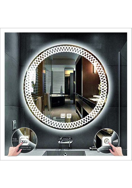 90 cm Beyaz Ledli Tasarım Kumlamalı Dokunmatik Tuşlu Buğu Önleyicili Banyo Aynası Makyaj Aynası