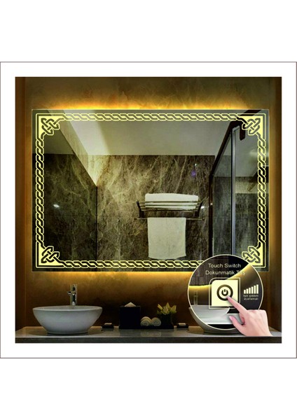 70X90 cm Günışığı Ledli Tasarım Kumlamalı Dokunmatik Tuşlu Banyo Aynası Makyaj Aynası Işıklı Ayna