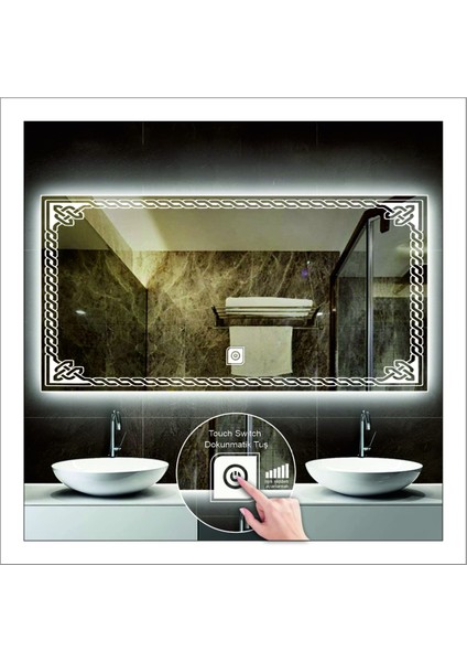 70X90 cm Günışığı Ledli Tasarım Kumlamalı Dokunmatik Tuşlu Banyo Aynası Makyaj Aynası Işıklı Ayna modelleri