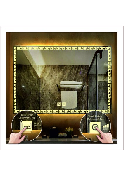 70X100 cm Günışığı Ledli Tasarım Kumlamalı Dokunmatik Tuşlu Buğu Önleyicili Banyo Aynası