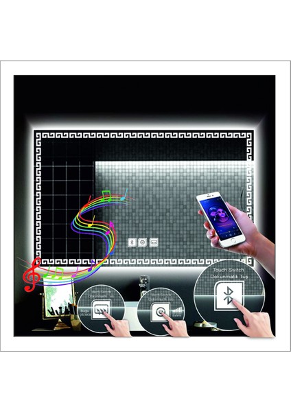 75X105 cm Beyaz Ledli Tasarım Kumlamalı Dokunmatik Bluetoothlu Buğu Önleyicili Makyaj Banyo Aynası