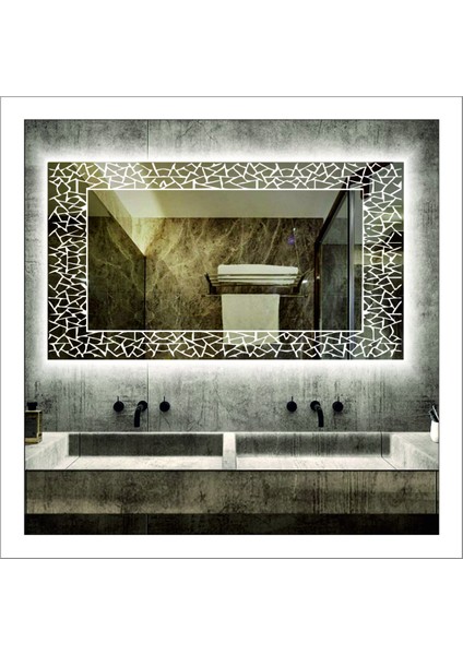 70X90 cm Beyaz Ledli Tasarım Kumlamalı Banyo Aynası Makyaj Aynası Işıklı Ayna