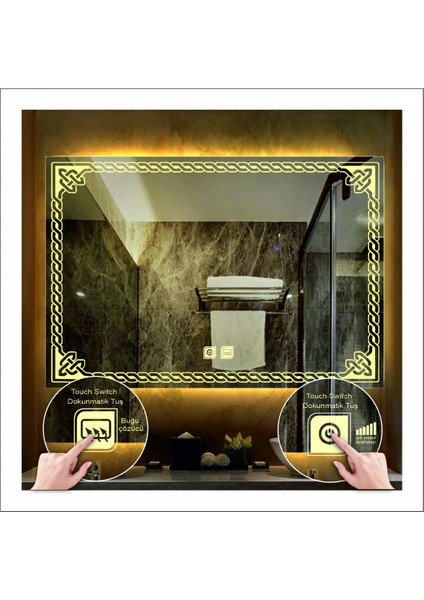 70X90 cm Günışığı Ledli Tasarım Kumlamalı Dokunmatik Tuşlu Buğu Önleyicili Banyo Aynası