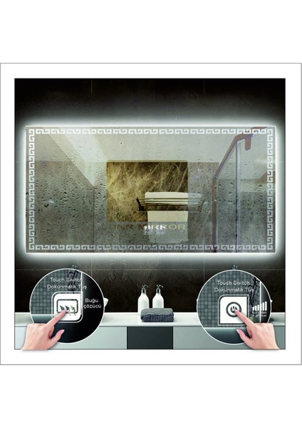 50X70 cm Günışığı Ledli Tasarım Kumlamalı Dokunmatik Tuşlu Buğu Önleyicili Banyo Aynası