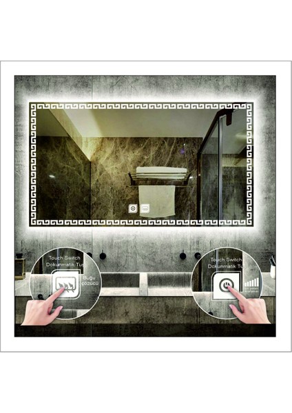 50X70 cm Günışığı Ledli Tasarım Kumlamalı Dokunmatik Tuşlu Buğu Önleyicili Banyo Aynası