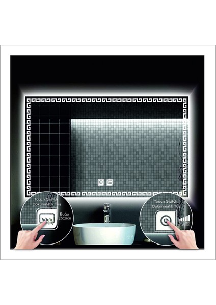 50X70 cm Beyaz Ledli Tasarım Kumlamalı Dokunmatik Tuşlu Buğu Önleyicili Banyo Aynası Makyaj Aynası