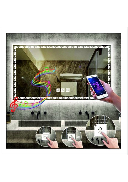 70X90 cm Günışığı Ledli Tasarım Kumlamalı Dokunmatik Bluetoothlu Buğu Önleyicili Makyaj Banyo Aynası