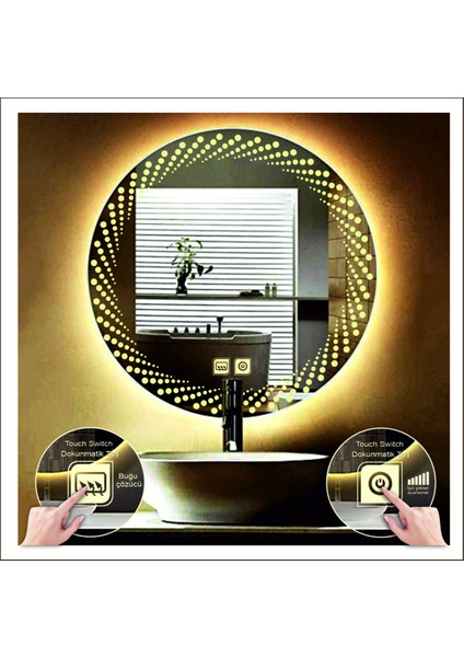 55 cm Günışığı Ledli Tasarım Kumlamalı Dokunmatik Tuşlu Buğu Önleyicili Banyo Aynası Makyaj Aynası