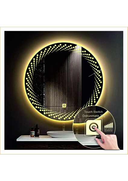 Global Led Mirror 55 cm Günışığı Ledli Tasarım Kumlamalı Dokunmatik Tuşlu Banyo Aynası Makyaj Aynası Işıklı Ayna