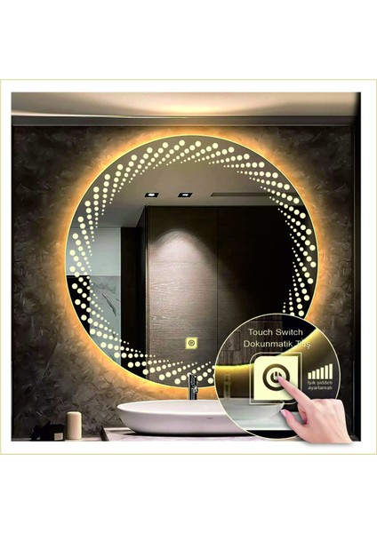 Global Led Mirror 55 cm Günışığı Ledli Tasarım Kumlamalı Dokunmatik Tuşlu Banyo Aynası Makyaj Aynası Işıklı Ayna