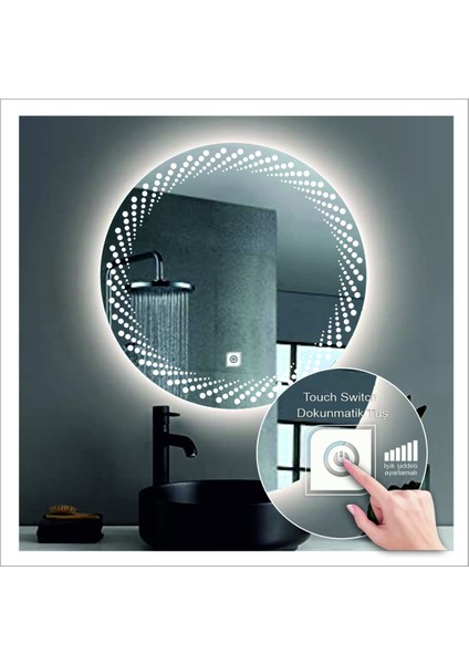 Global Led Mirror 55 cm Günışığı Ledli Tasarım Kumlamalı Dokunmatik Tuşlu Banyo Aynası Makyaj Aynası Işıklı Ayna