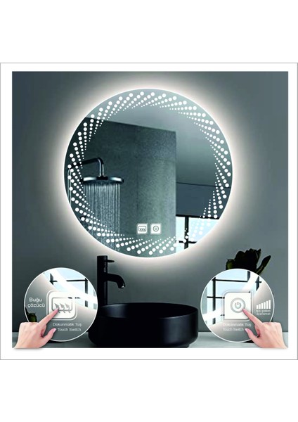 60 cm Beyaz Ledli Tasarım Kumlamalı Dokunmatik Tuşlu Buğu Önleyicili Banyo Aynası Makyaj Aynası