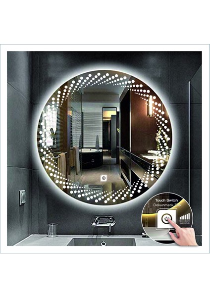 70 cm Beyaz Ledli Tasarım Kumlamalı Dokunmatik Tuşlu Banyo Aynası Makyaj Aynası Işıklı Ayna