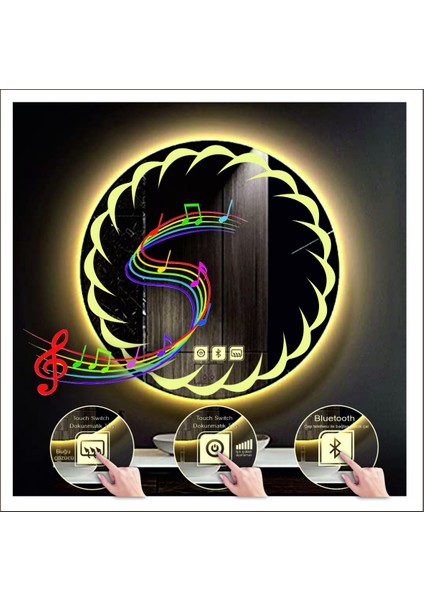 Global Led Mirror 70 cm Günışığı Ledli Tasarım Kumlamalı Dokunmatik Bluetoothlu Buğu Önleyicili Makyaj Banyo Aynası