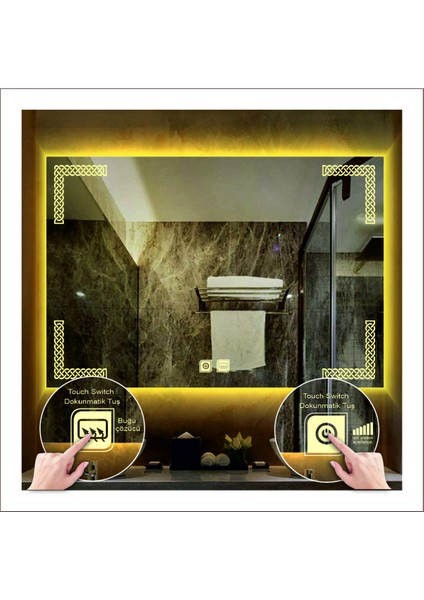 60X80 cm Günışığı Ledli Tasarım Kumlamalı Dokunmatik Tuşlu Buğu Önleyicili Banyo Aynası