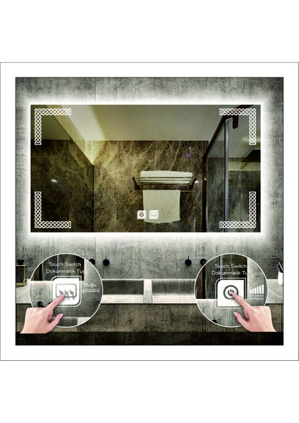 60X80 cm Günışığı Ledli Tasarım Kumlamalı Dokunmatik Tuşlu Buğu Önleyicili Banyo Aynası