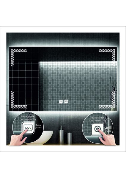 60X80 cm Günışığı Ledli Tasarım Kumlamalı Dokunmatik Tuşlu Buğu Önleyicili Banyo Aynası
