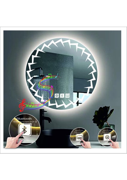 50 cm Günışığı Ledli Tasarım Kumlamalı Dokunmatik Bluetoothlu Buğu Önleyicili Makyaj Banyo Aynası indirimleri