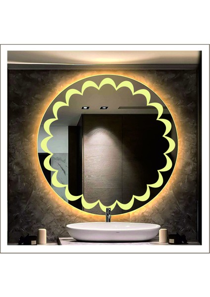 80 cm Beyaz Ledli Tasarım Kumlamalı Banyo Aynası Makyaj Aynası Işıklı Ayna