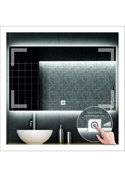 80X120 cm Beyaz Ledli Tasarım Kumlamalı Dokunmatik Tuşlu Banyo Aynası Makyaj Aynası Işıklı Ayna modelleri