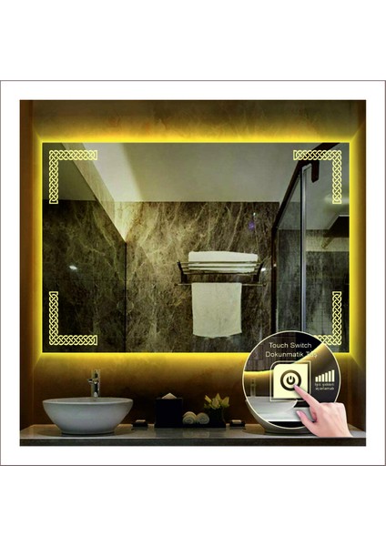 70X90 cm Günışığı Ledli Tasarım Kumlamalı Dokunmatik Tuşlu Banyo Aynası Makyaj Aynası Işıklı Ayna