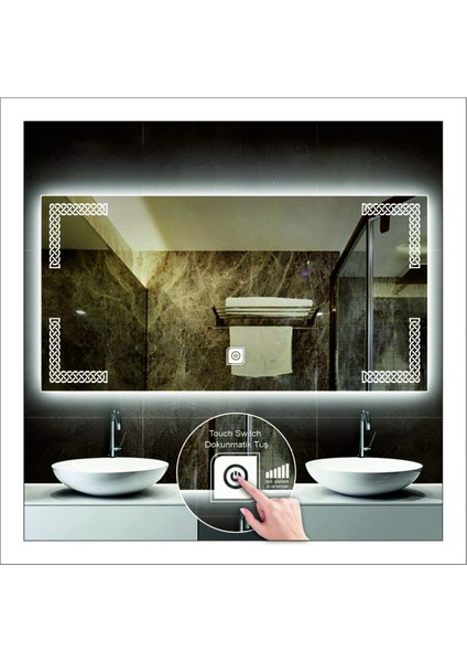65X90 cm Günışığı Ledli Tasarım Kumlamalı Dokunmatik Tuşlu Banyo Aynası Makyaj Aynası Işıklı Ayna modelleri