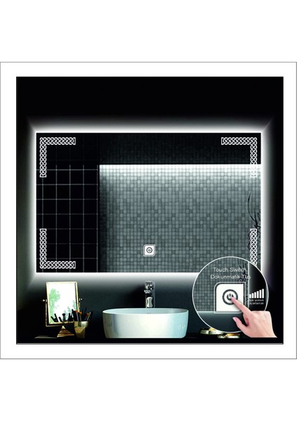 65X90 cm Günışığı Ledli Tasarım Kumlamalı Dokunmatik Tuşlu Banyo Aynası Makyaj Aynası Işıklı Ayna indirimleri
