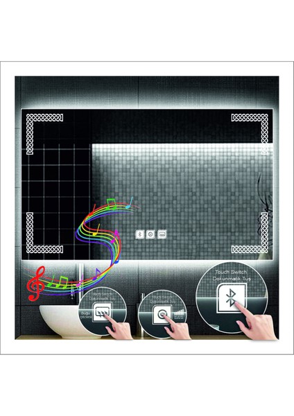 65X90 cm Beyaz Ledli Tasarım Kumlamalı Dokunmatik Bluetoothlu Buğu Önleyicili Makyaj Banyo Aynası